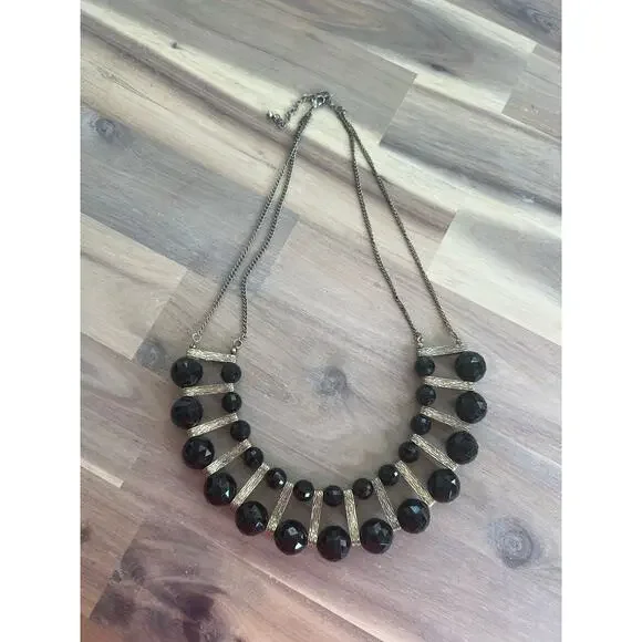 Vintage Black and Gold Tone Necklace Two Strands with Rondelle Beads - Picture 2 of 5